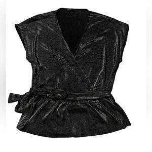 Gibson black shimmery v-neck faux wrap blouse size large excellent condition